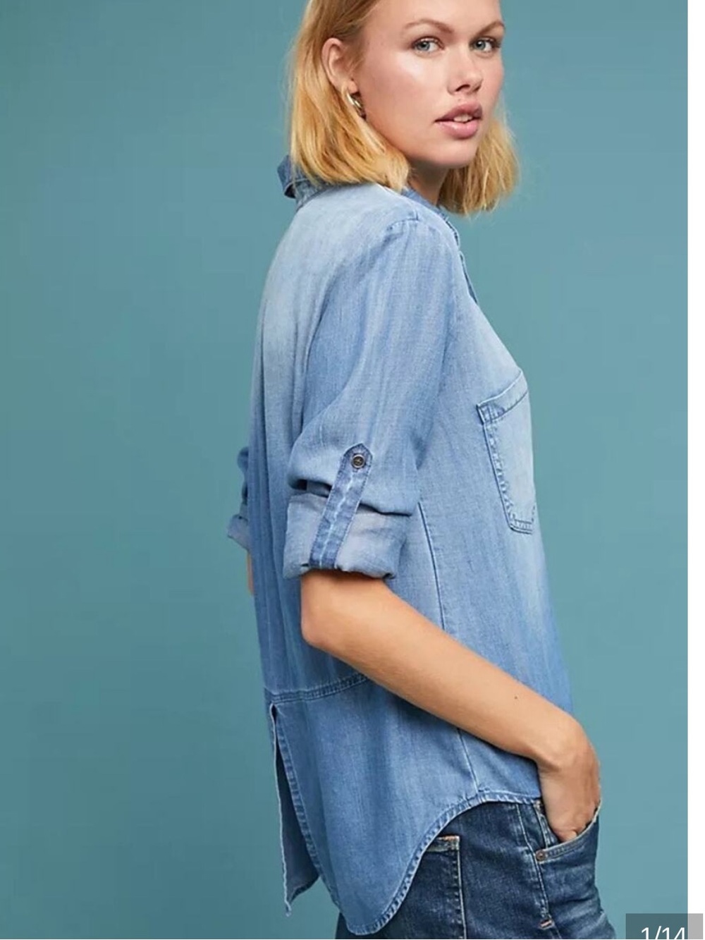 Anthropologie Cloth & Stone Split-Back Chambray Buttondown Shirt, M - Picture 2 of 13